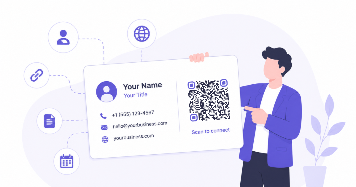 A person holding a business card with a QR code